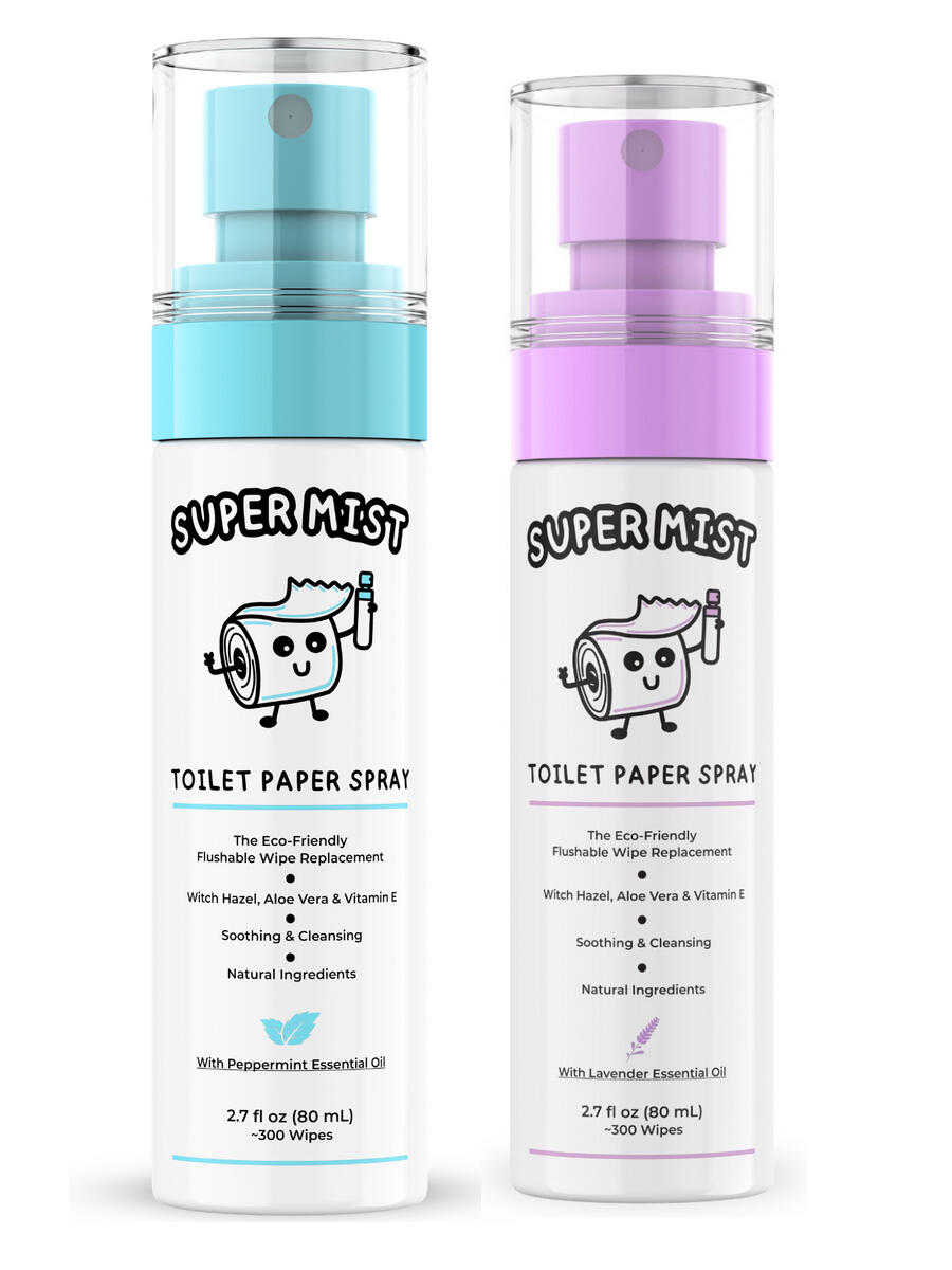 Super Mist peppermint and lavender toilet paper spray bottles