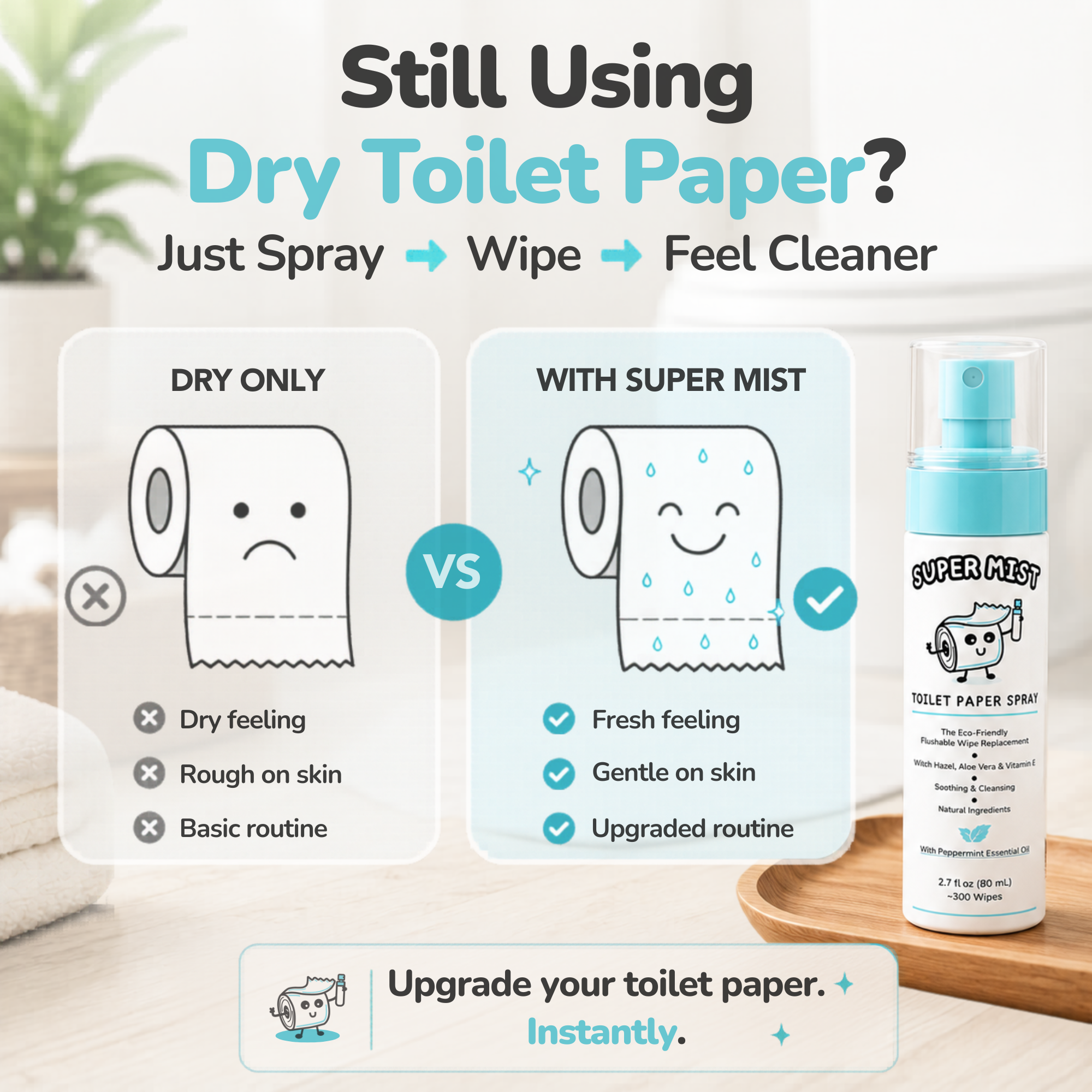 Super Mist Toilet Paper Spray – Upgrade Your Toilet Paper into a Gentle, Cleansing Wipe | Soothing Formula with Witch Hazel & Aloe Vera | Travel-Friendly SUPER MIST