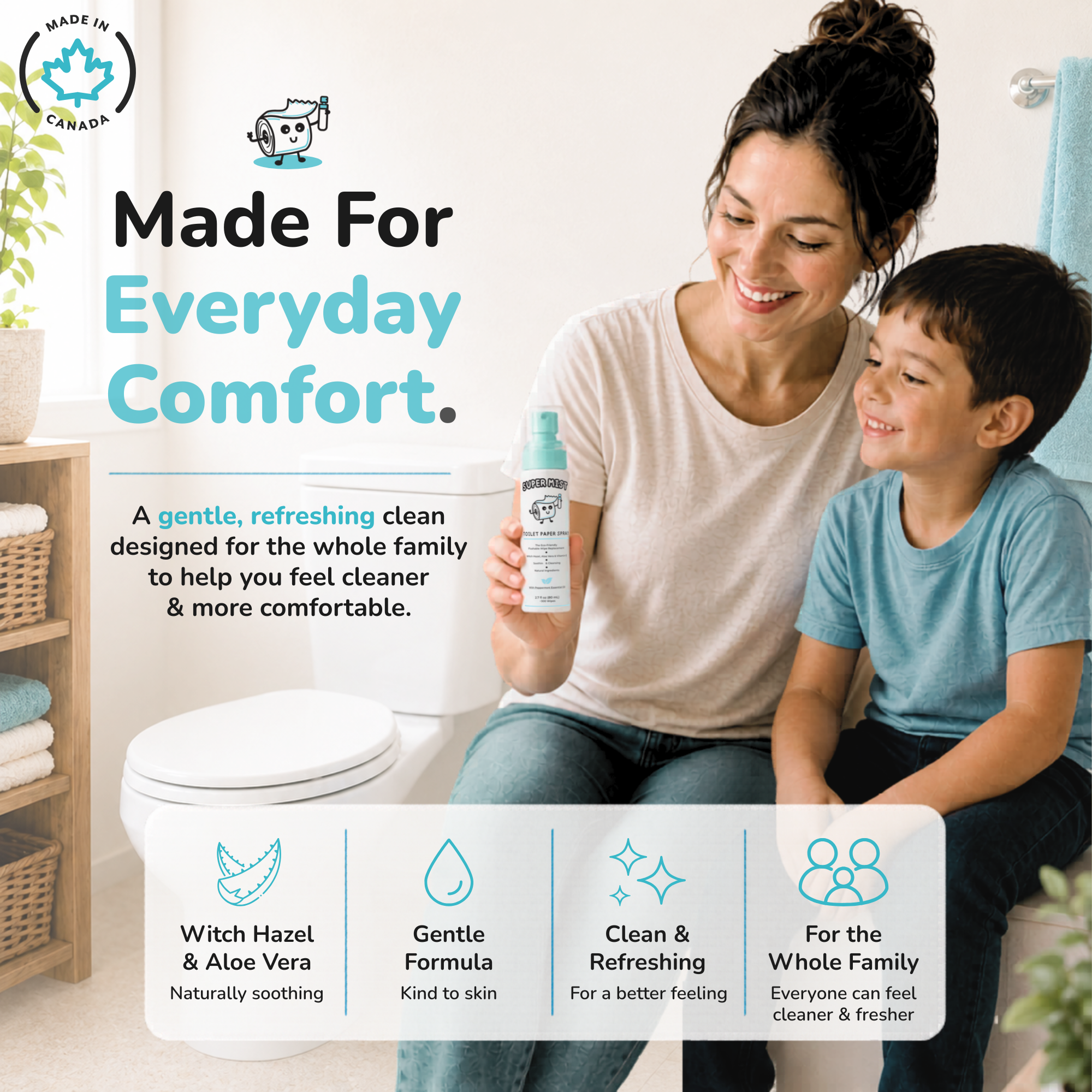 Super Mist Toilet Paper Spray – Upgrade Your Toilet Paper into a Gentle, Cleansing Wipe | Soothing Formula with Witch Hazel & Aloe Vera | Travel-Friendly SUPER MIST