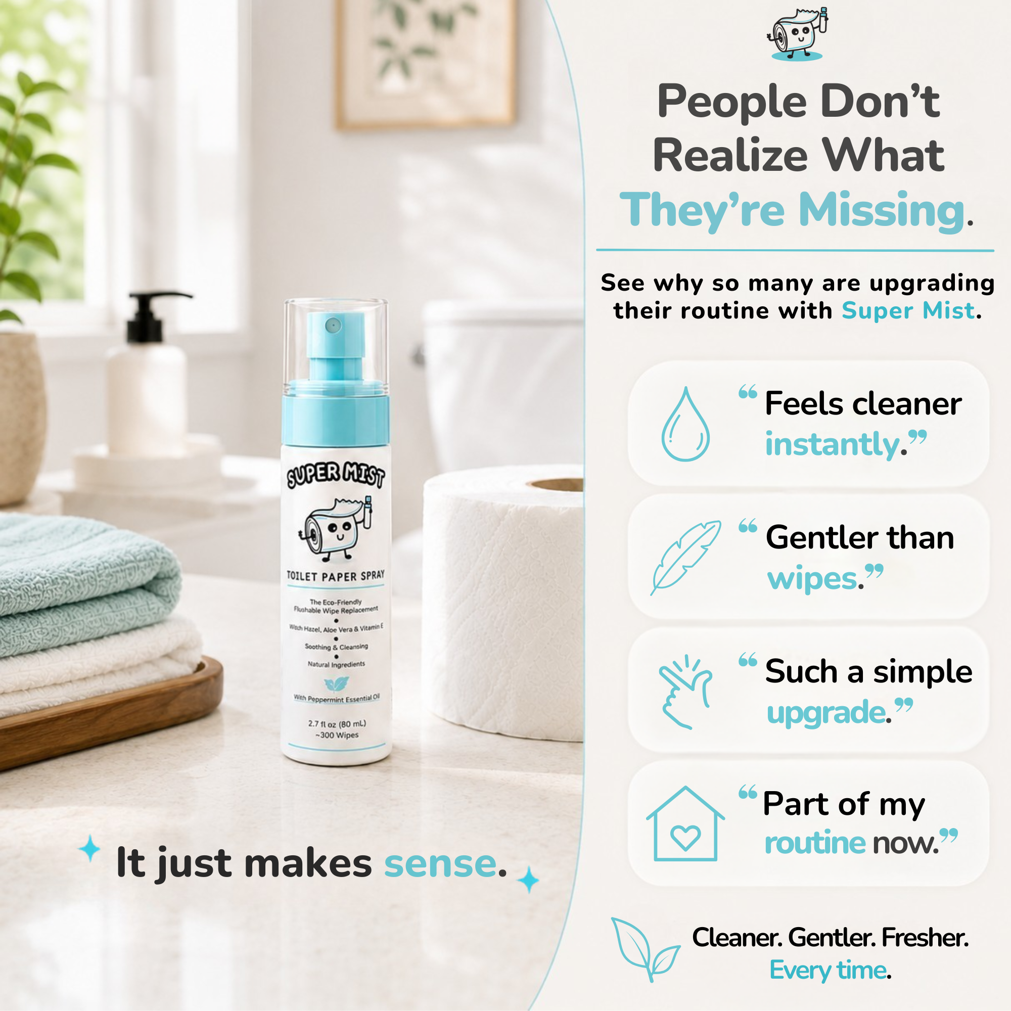 Super Mist Toilet Paper Spray – Upgrade Your Toilet Paper into a Gentle, Cleansing Wipe | Soothing Formula with Witch Hazel & Aloe Vera | Travel-Friendly SUPER MIST