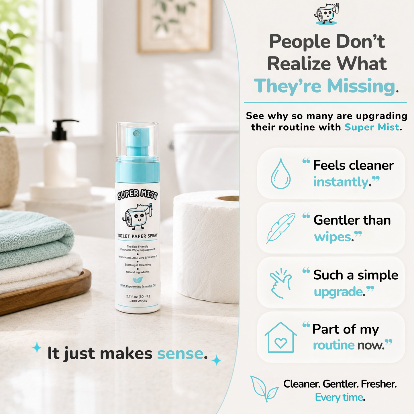 Super Mist Toilet Paper Spray – Upgrade Your Toilet Paper into a Gentle, Cleansing Wipe | Soothing Formula with Witch Hazel & Aloe Vera | Travel-Friendly SUPER MIST