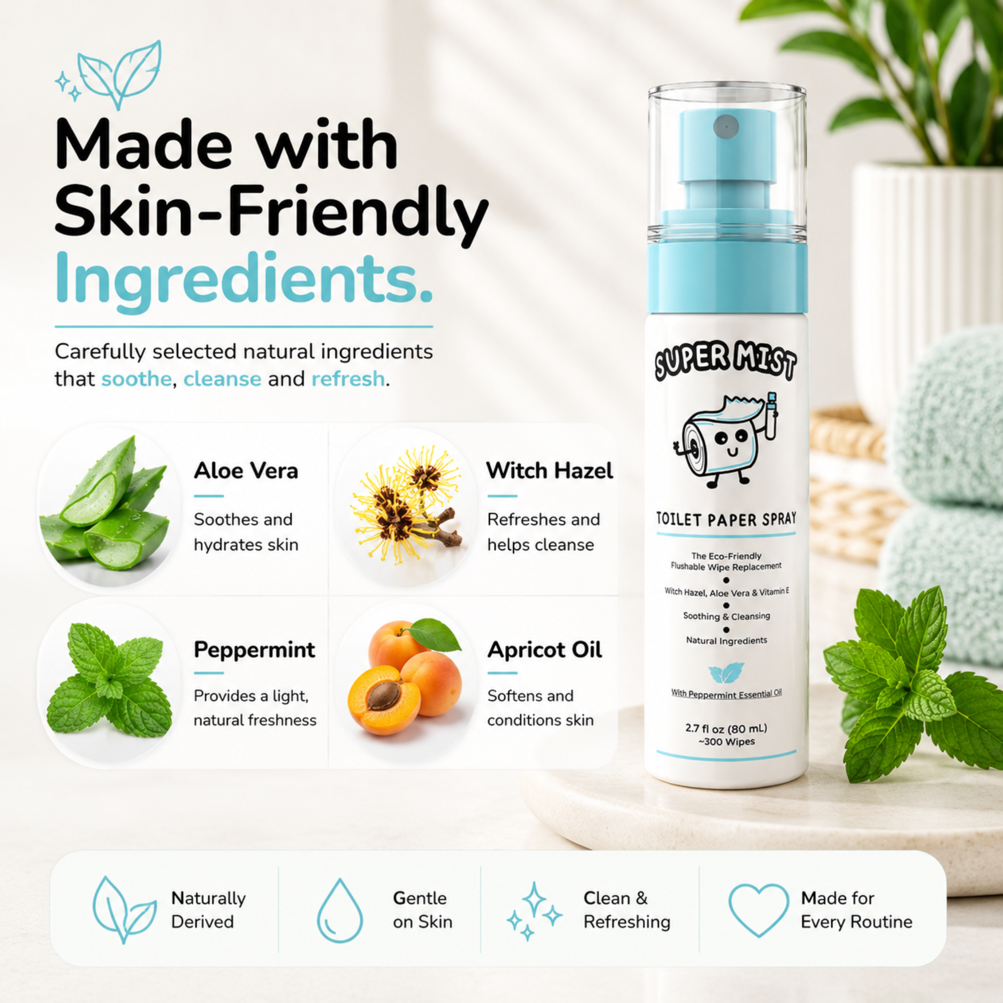 Super Mist Toilet Paper Spray – Upgrade Your Toilet Paper into a Gentle, Cleansing Wipe | Soothing Formula with Witch Hazel & Aloe Vera | Travel-Friendly SUPER MIST