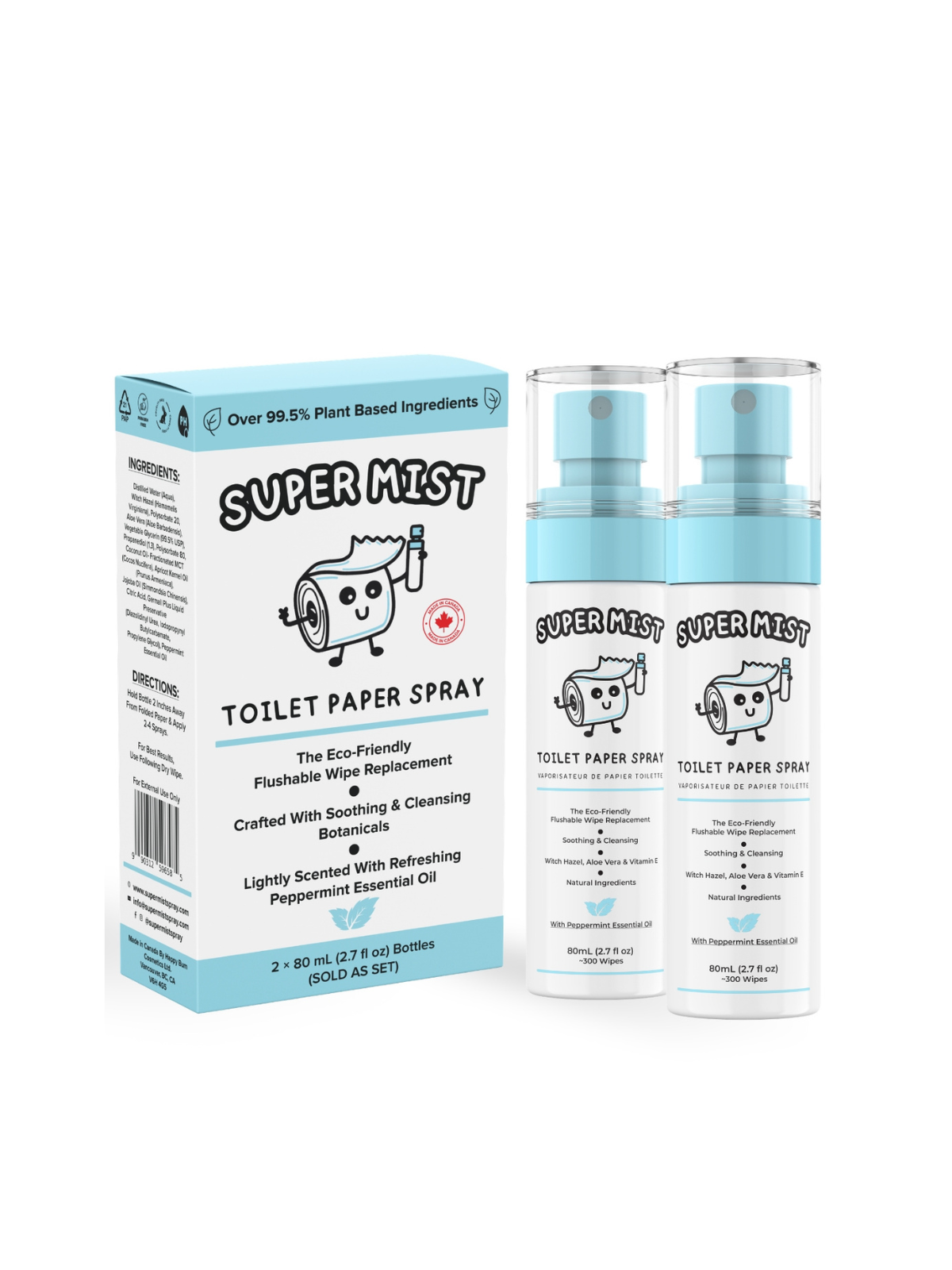 Super Mist Toilet Paper Spray - 2.7 Fl oz.(80mL) /300+ Wipes – Cleansing & Soothing Flushable Wipes Alternative - Witch Hazel, Aloe Vera - Travel Size - Refreshing Peppermint or Calming Lavender SUPER MIST