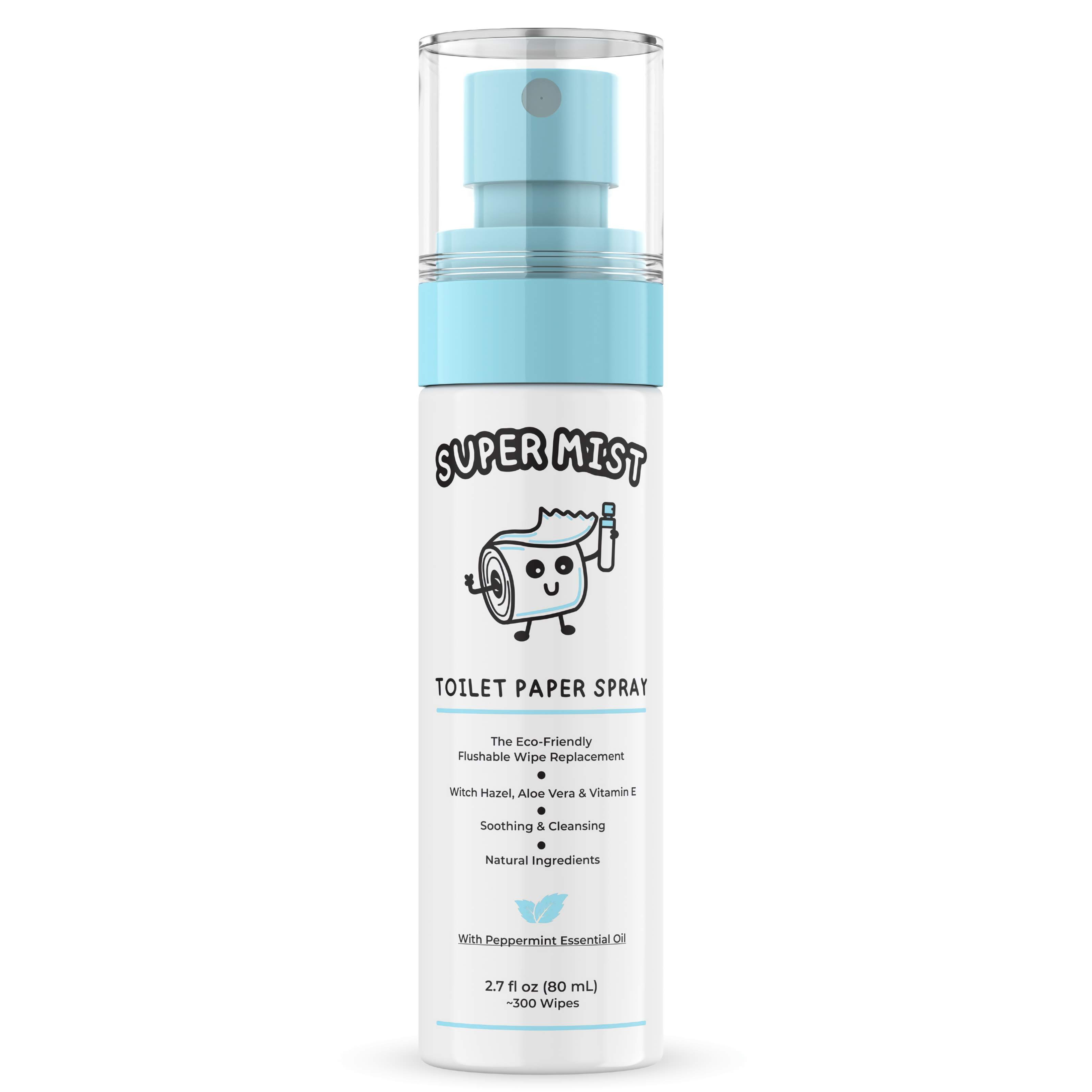 Super Mist Toilet Paper Spray - 2.7 Fl oz.(80mL) /300+ Wipes – Cleansing & Soothing Flushable Wipes Alternative - Witch Hazel, Aloe Vera - Travel Size - Peppermint or Lavender Essential Oil