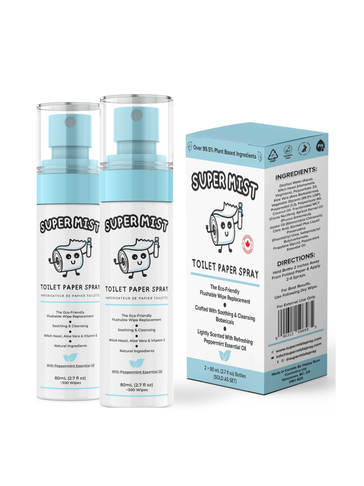 Super Mist Toilet Paper Spray (2 Pack) 80 mL/2.7 Fl oz. Per Bottle – Cleans Better Than Flushable Wipes – Eco-Friendly, Soothing Alternative with Witch Hazel, Aloe Vera & Essential Oil – Travel Size