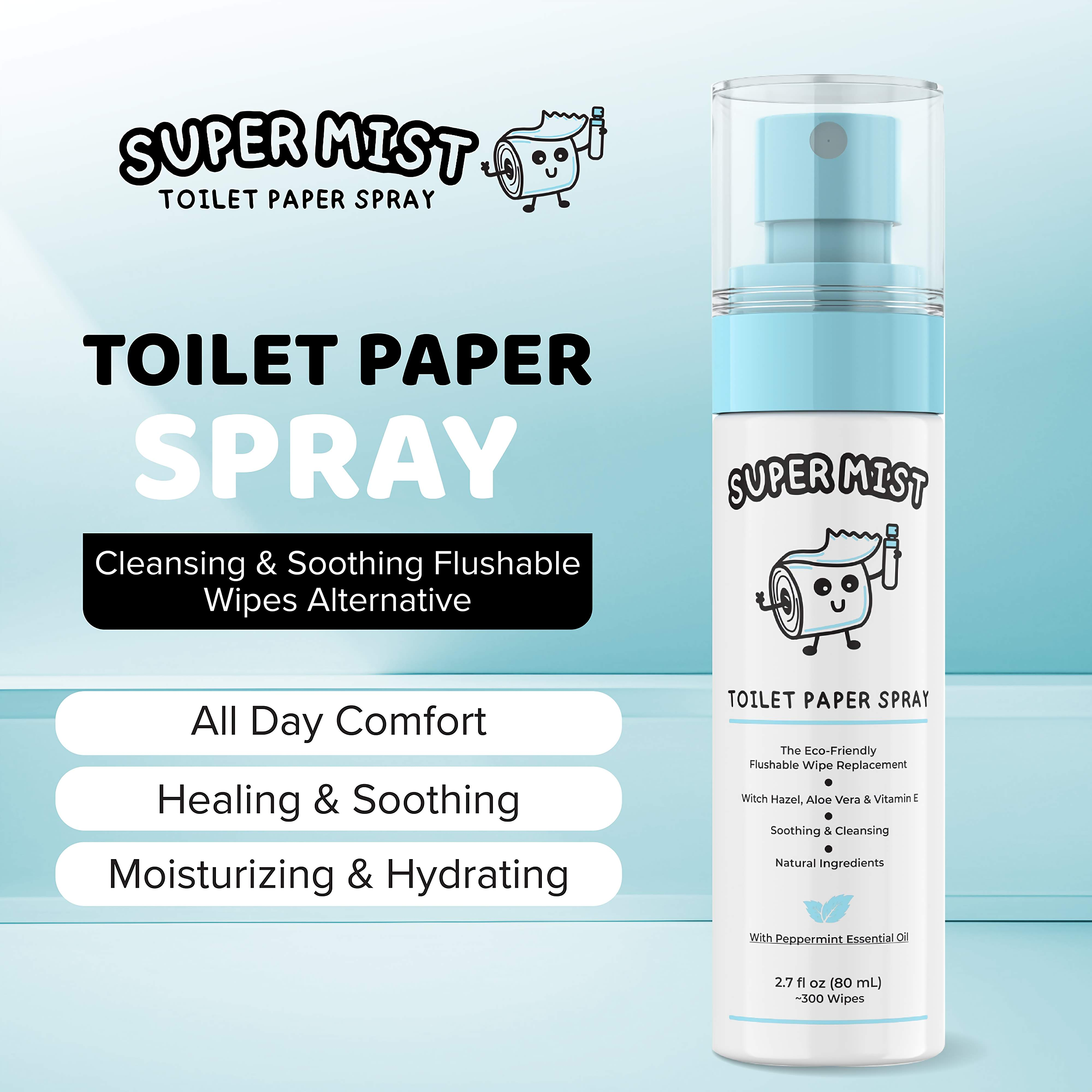 Super Mist Toilet Paper Spray (2 Pack) 80 mL/2.7 Fl oz. Per Bottle – Cleans Better Than Flushable Wipes – Eco-Friendly, Soothing Alternative with Witch Hazel, Aloe Vera & Essential Oil – Travel Size