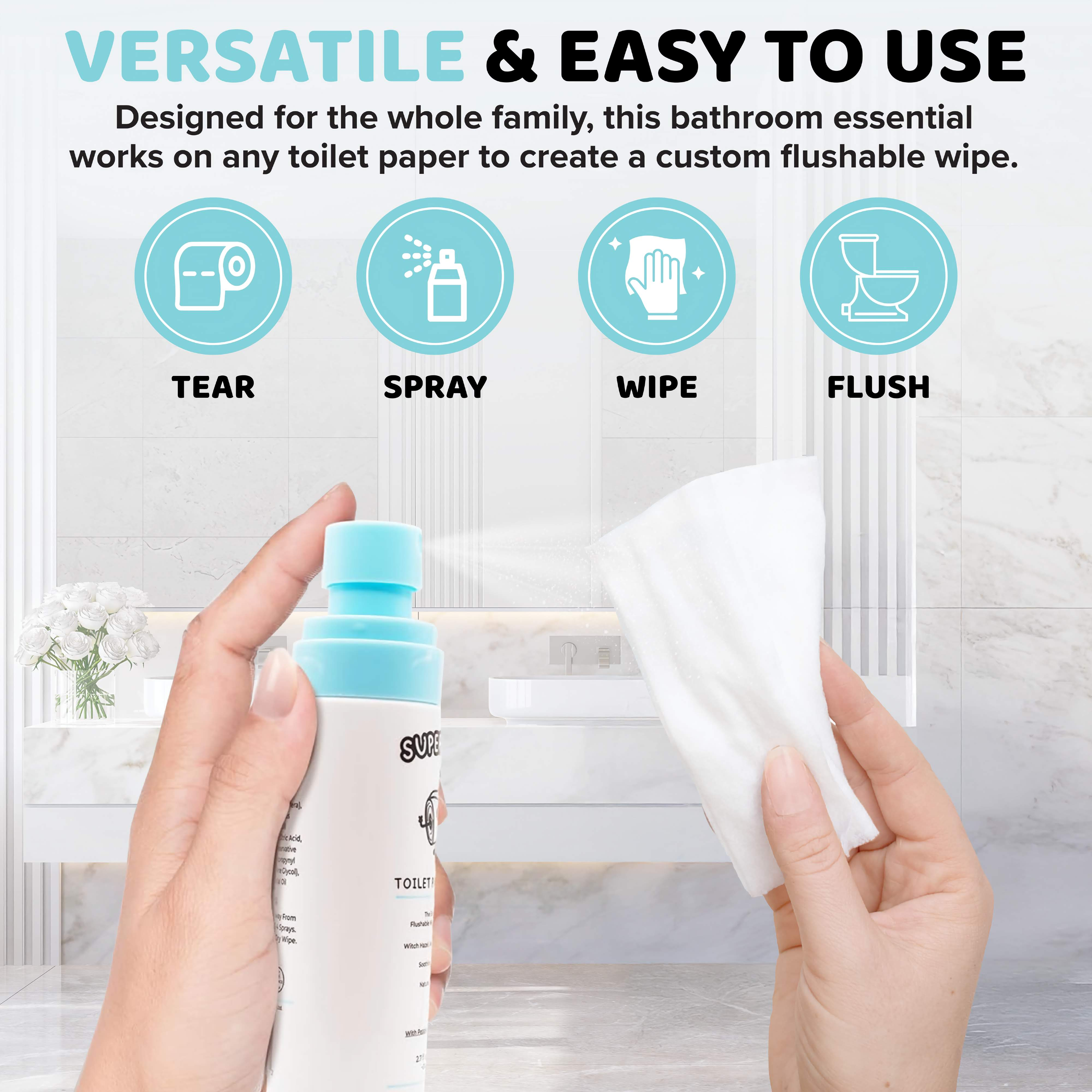 Super Mist Toilet Paper Spray (2 Pack) 80 mL/2.7 Fl oz. Per Bottle – Cleans Better Than Flushable Wipes – Eco-Friendly, Soothing Alternative with Witch Hazel, Aloe Vera & Essential Oil – Travel Size